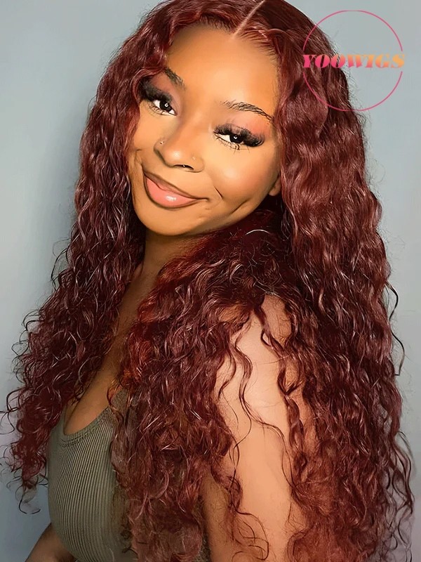 Yoowigs Curly Reddish Brown Human Hair Deep Parting 13x6 HD Lace Frontal Wig  LJ056